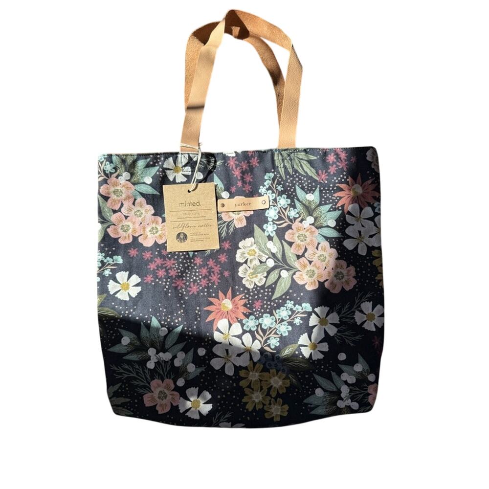 NWT Parker premium cotton with leather straps Floral Tote Bag - Black and Tan
